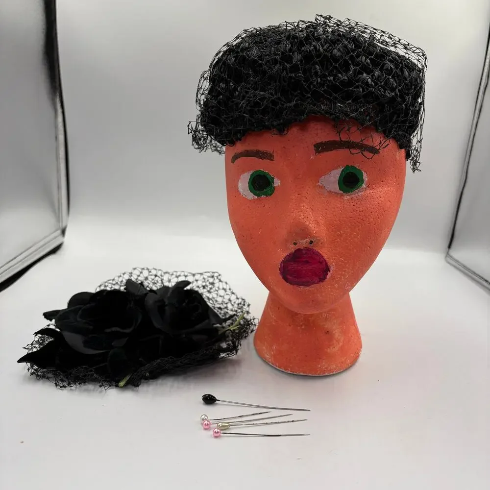 Vintage Black Rose Birdcage Mesh Veil Tilt Topper Fascinator Hat & Hat Pins Lot